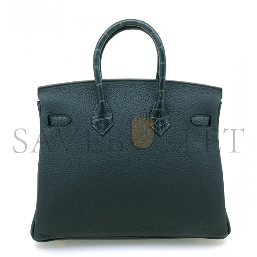 HERMÈS MASTER BIRKIN 25 CROCODILE AND TOGO LEATHER PRUSSIAN GREEN SILVER BUCKLE H076216CK29 (25*20*13cm)